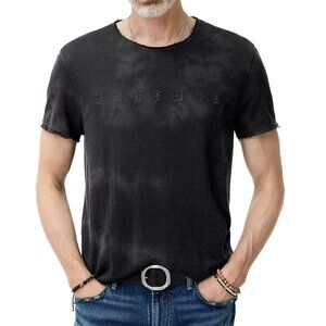 John Varvatos Men's Freedom Embroidered SS Crew T-Shirt Frayed Raw Edges Black